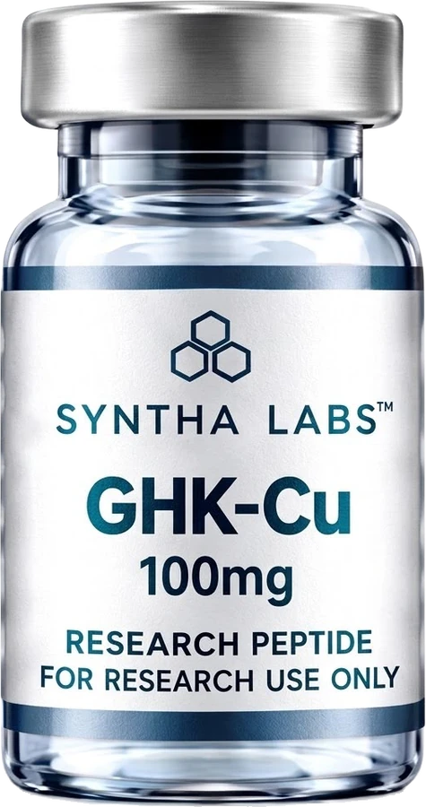Syntha Labs GHK-Cu 100 mg research vial with silver cap and blue label bands