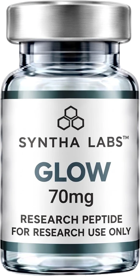 Syntha Labs GLOW 70 mg research vial with silver cap and teal label bands