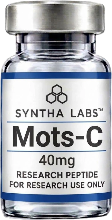 Syntha Labs MOTS-C 40 mg research vial with silver cap and blue label bands