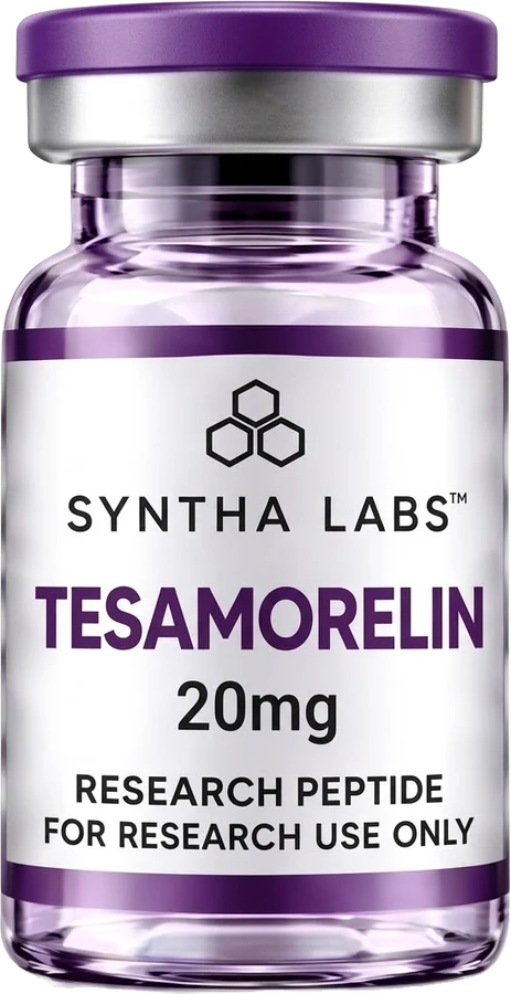Syntha Labs Tesamorelin 20 mg research vial with purple cap and purple label bands