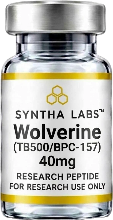 Syntha Labs Wolverine 40 mg research vial with silver cap and gold label bands
