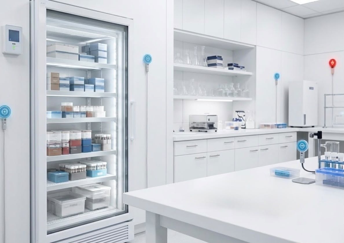 Clean white laboratory with a glass-fronted refrigerated storage cabinet